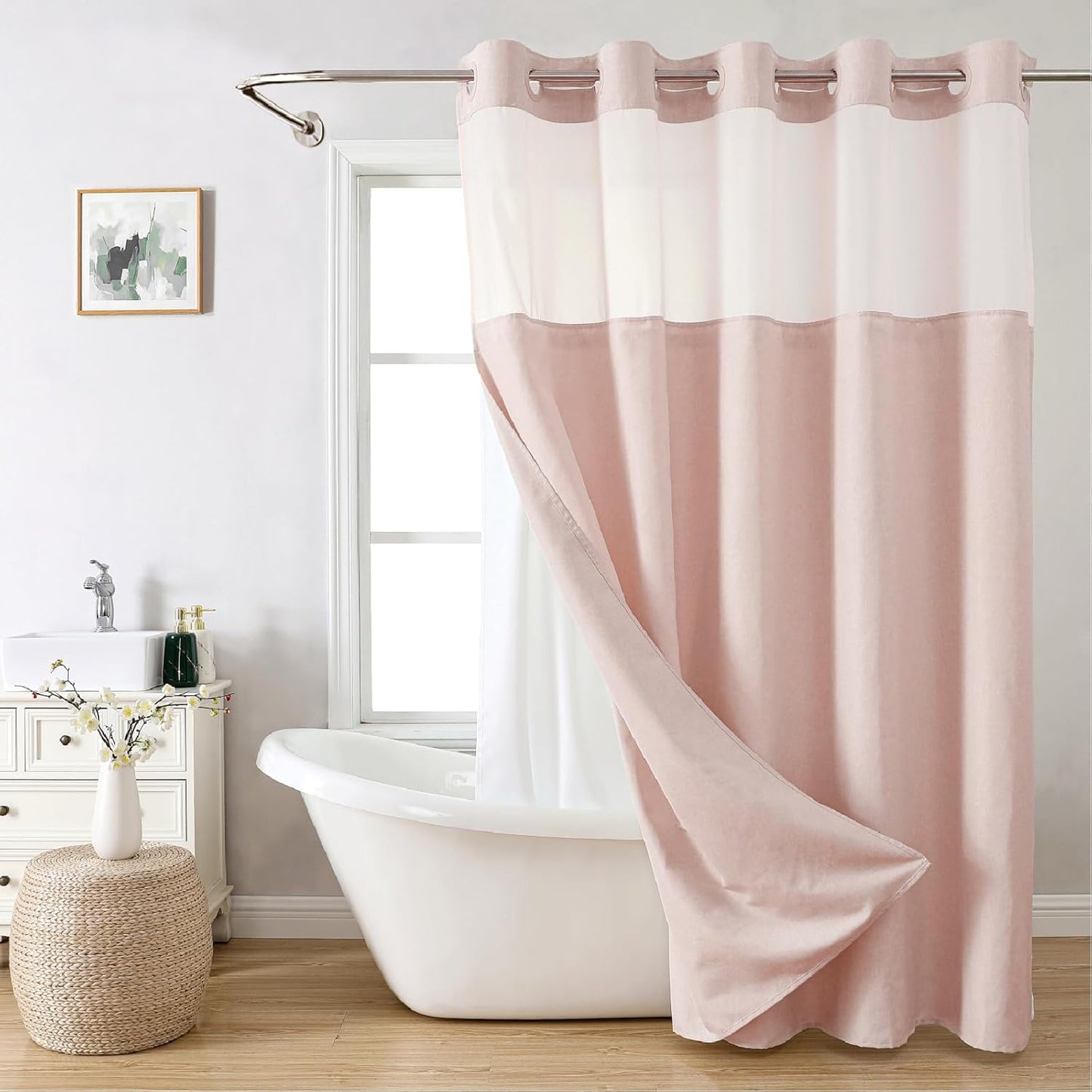 Linen Textured Shower Curtain Set with Snap-in Liner for Luxury