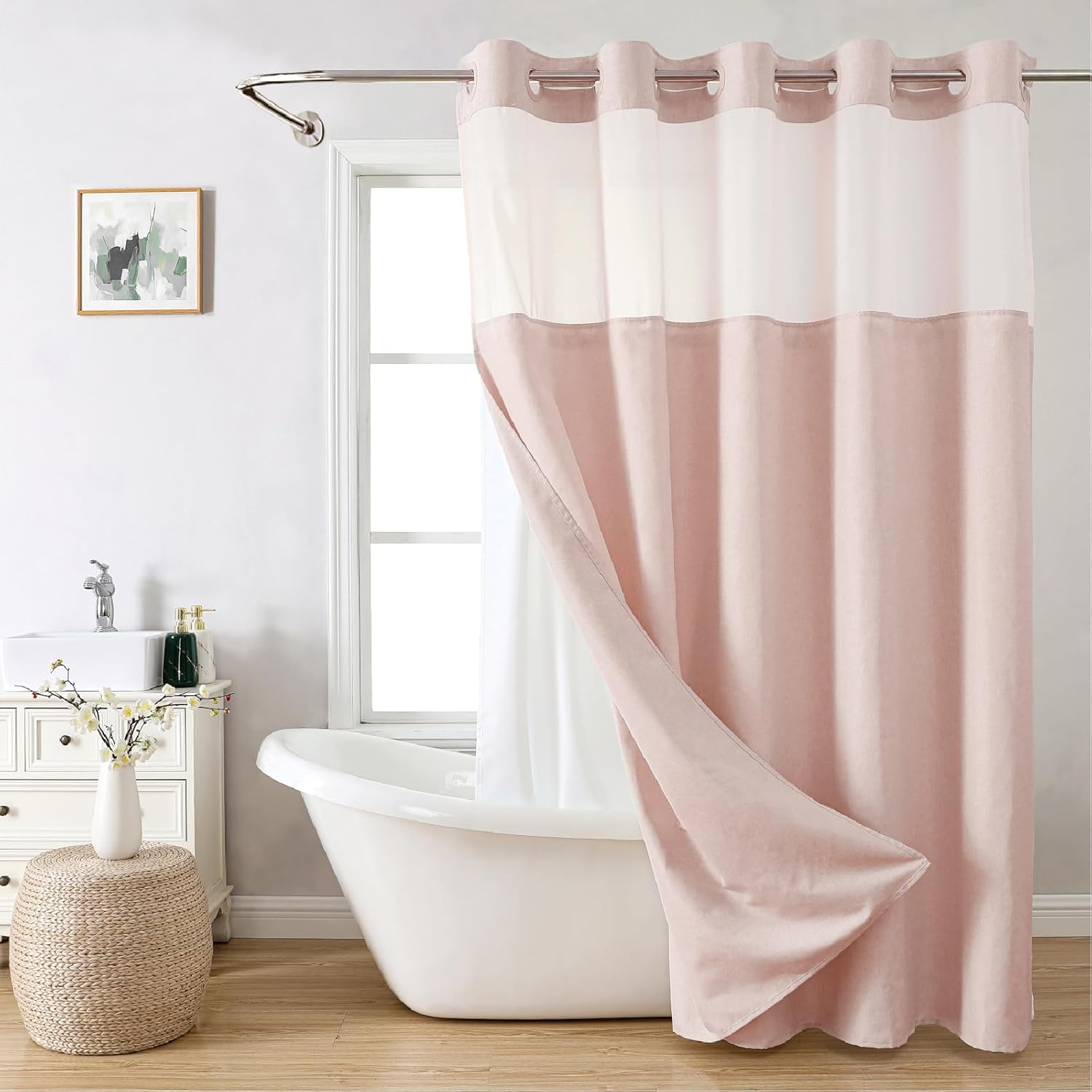 Linen Textured Shower Curtain Set with Snap-in Liner for Luxury