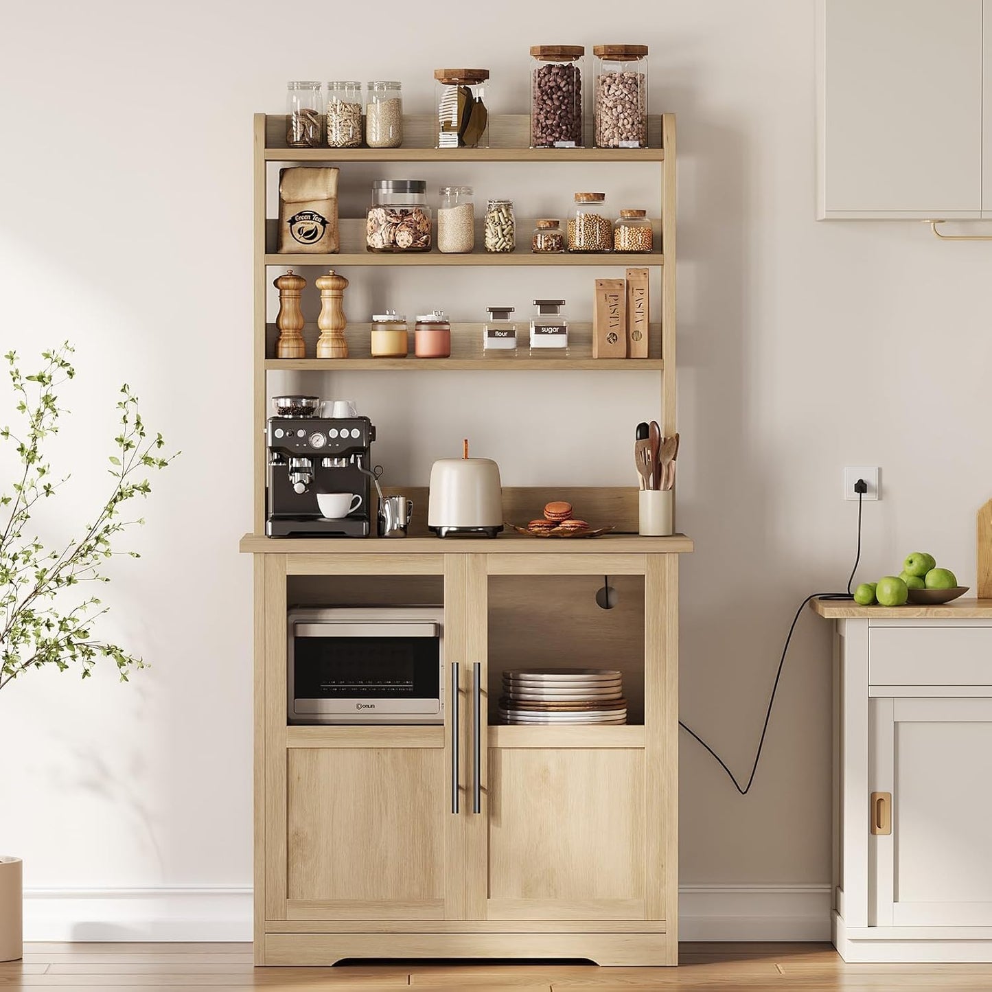 Farmhouse Kitchen Bakers Rack with Power Outlet - ElfinAura