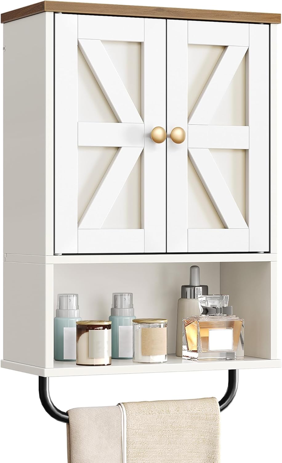 Bathroom Wall Cabinet with Open Partition and Towel Bar Storage