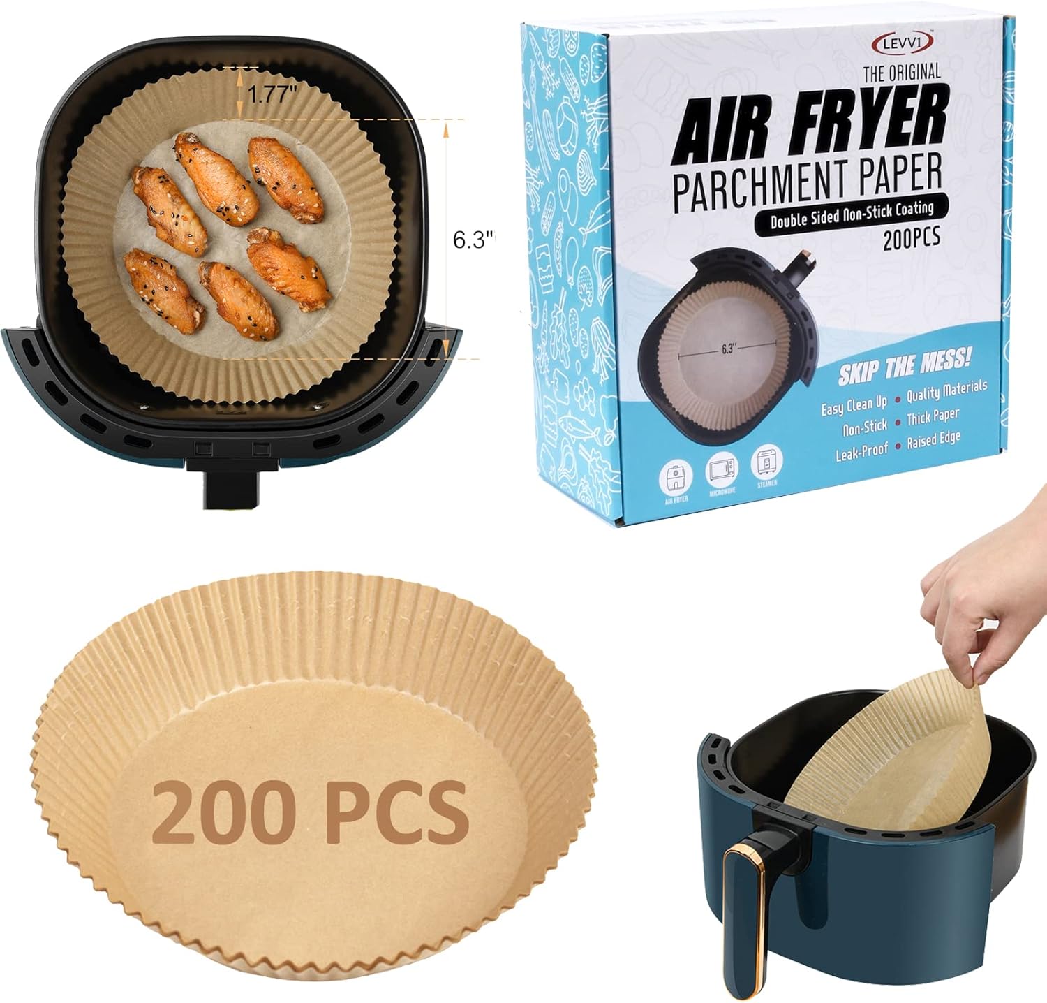 200 Non-Stick Air Fryer Liners - Oil & Water-Proof Parchment Paper, Size 6.3in