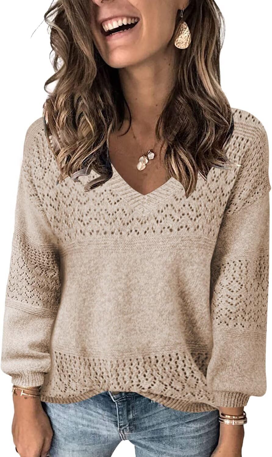 FEKOAFE Womens V Neck Long Sleeve Hollow Knit Pullover Sweater