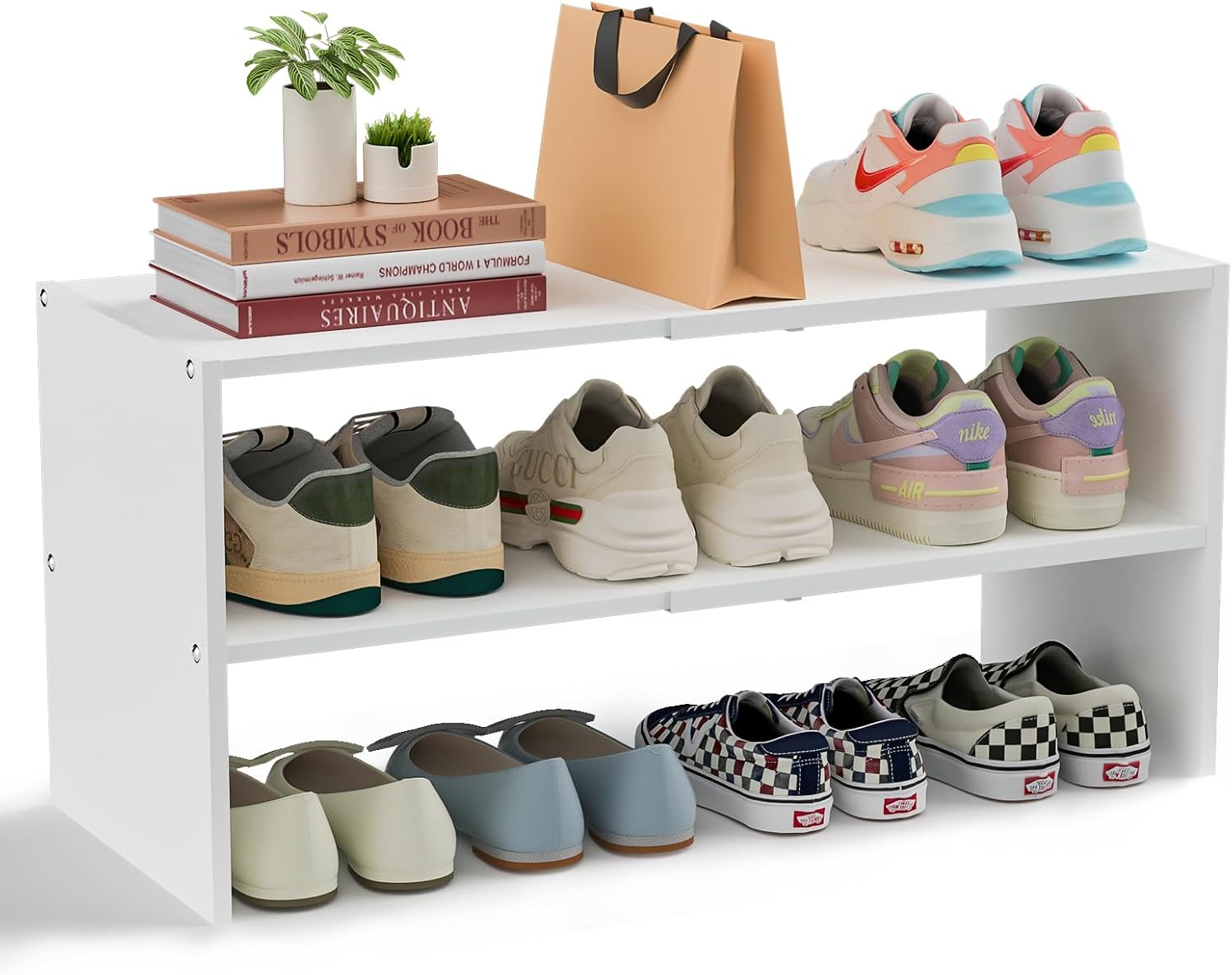 Expandable 2-Tier White Shoe Rack Organizer for Small Spaces