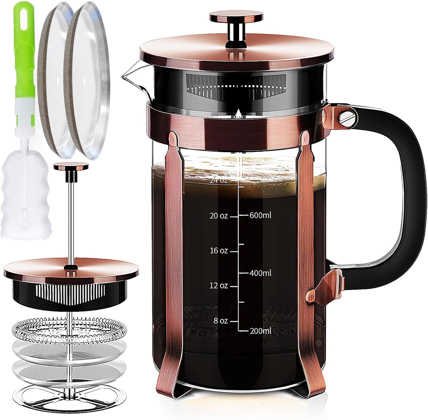 Stainless Steel French Press, 34oz Capacity, 4 Filters, Heat Resistant Glass - YMMIND
