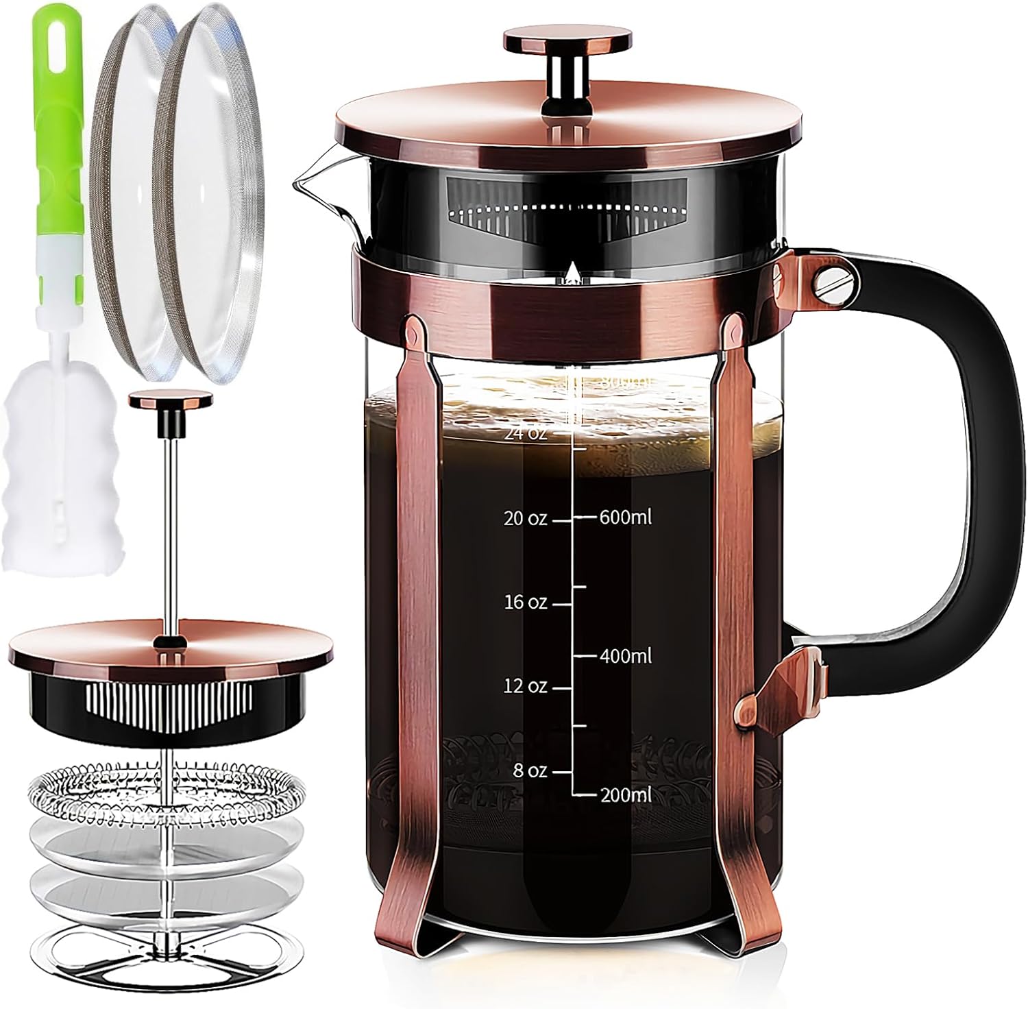 Stainless Steel French Press, 34oz Capacity, 4 Filters, Heat Resistant Glass - YMMIND
