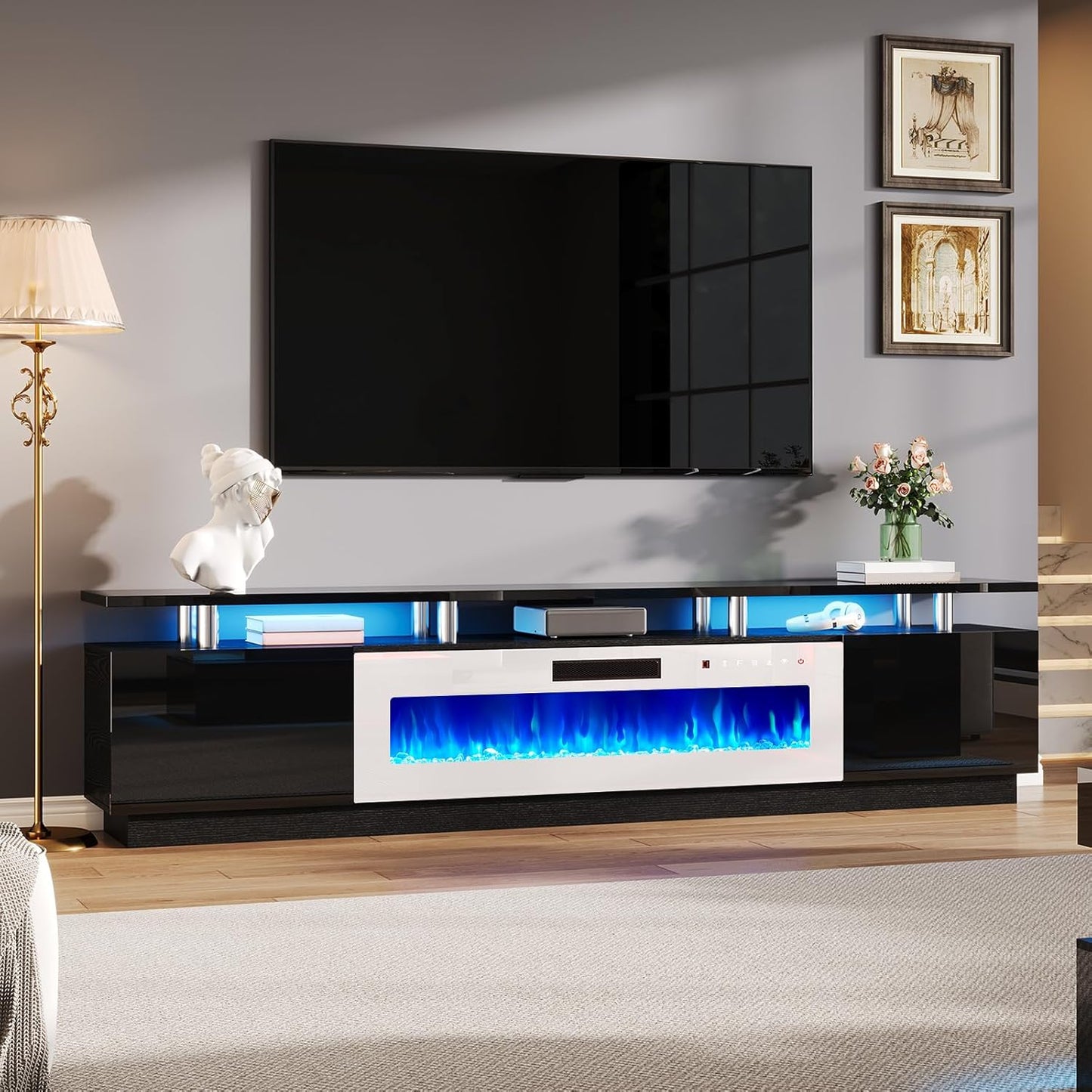 Modern 90in 2 Tier Fireplace TV Stand with LED Lights and Storage