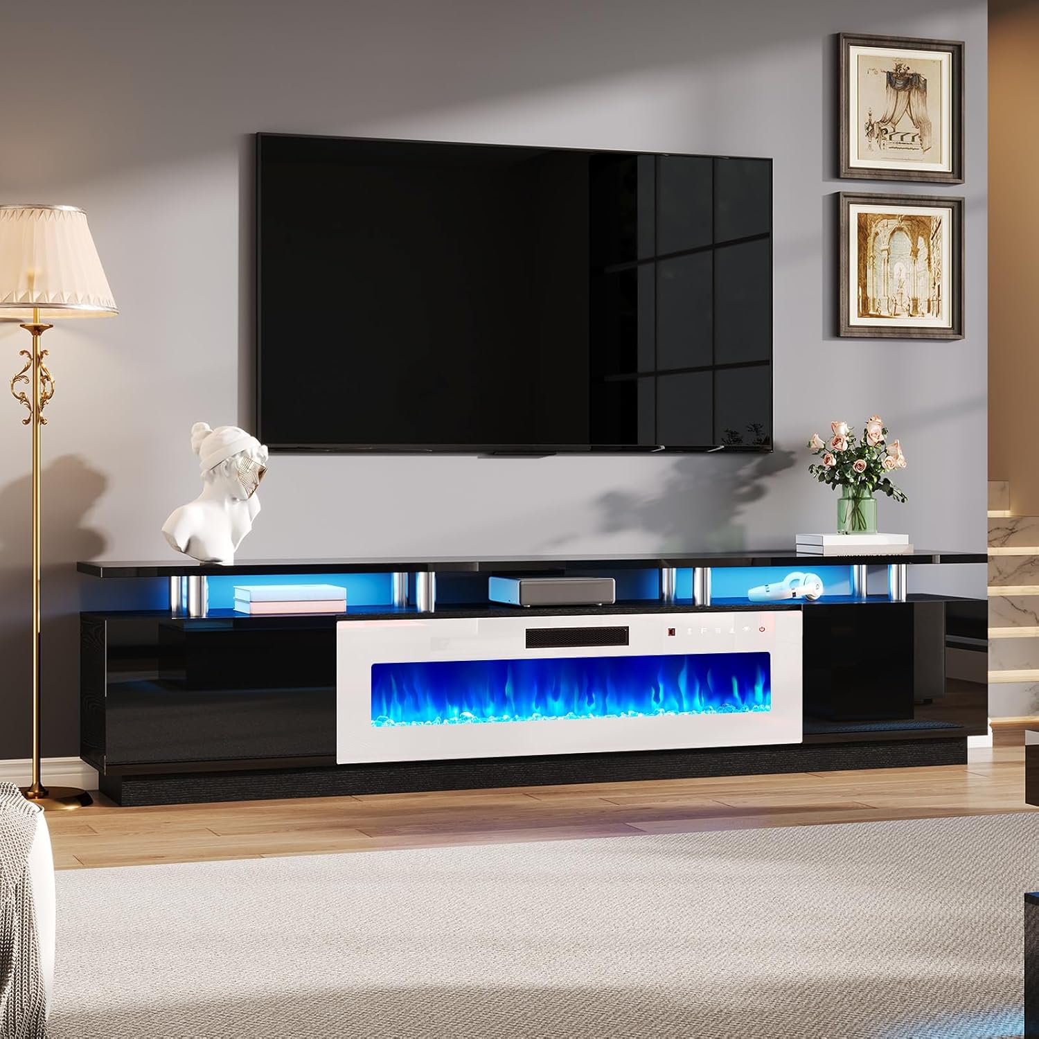 Modern 90in 2 Tier Fireplace TV Stand with LED Lights and Storage