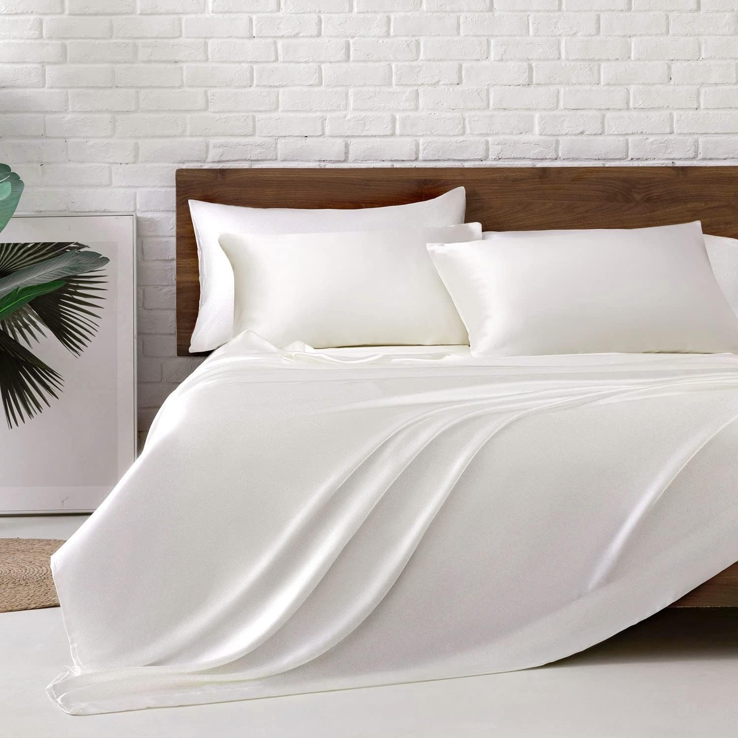 MR&HM Satin Bed Sheets Set for Full Size Beds - 6 Pcs Ivory