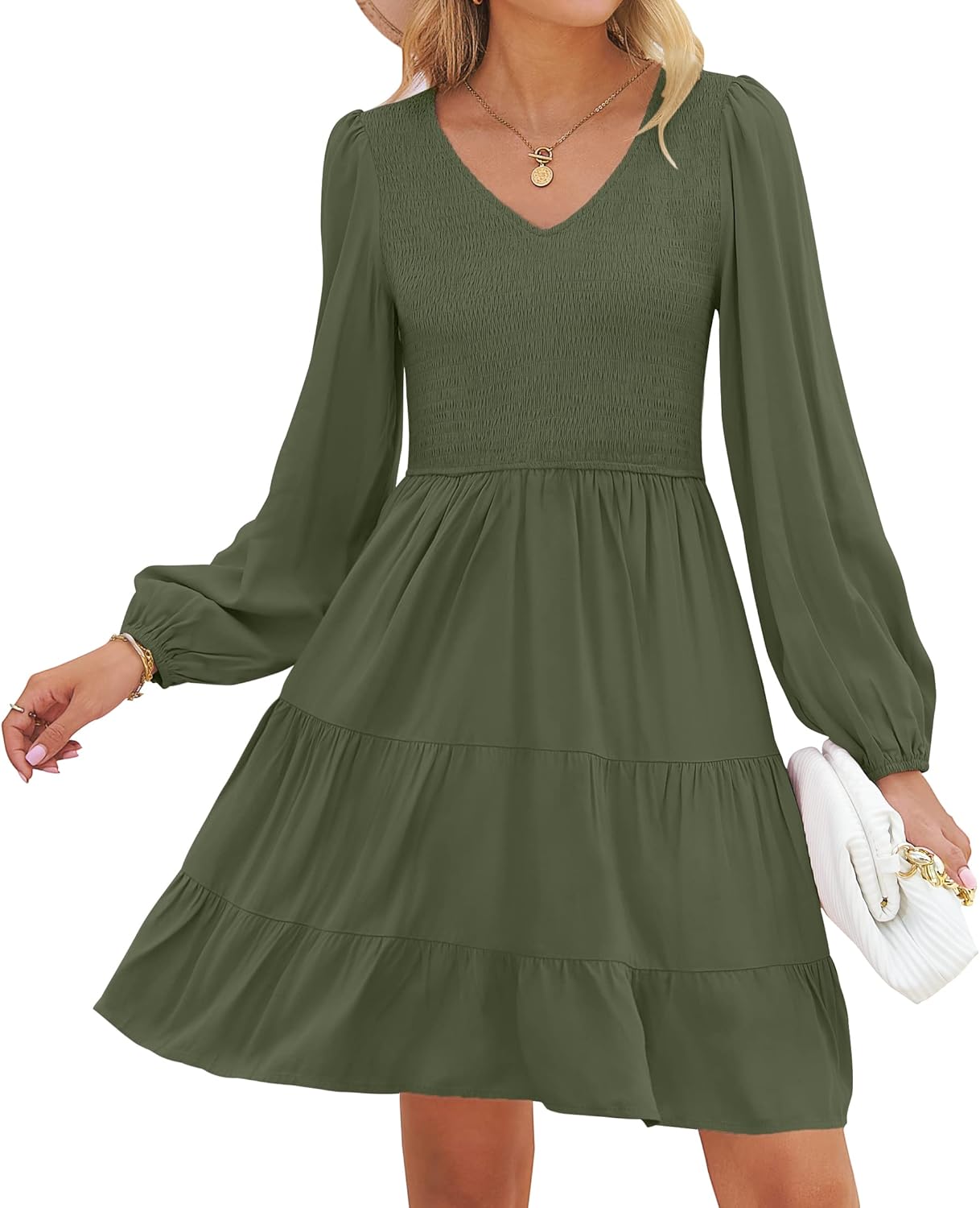 ZESICA Women's Casual V Neck Long Sleeve Ruffle Mini Dress