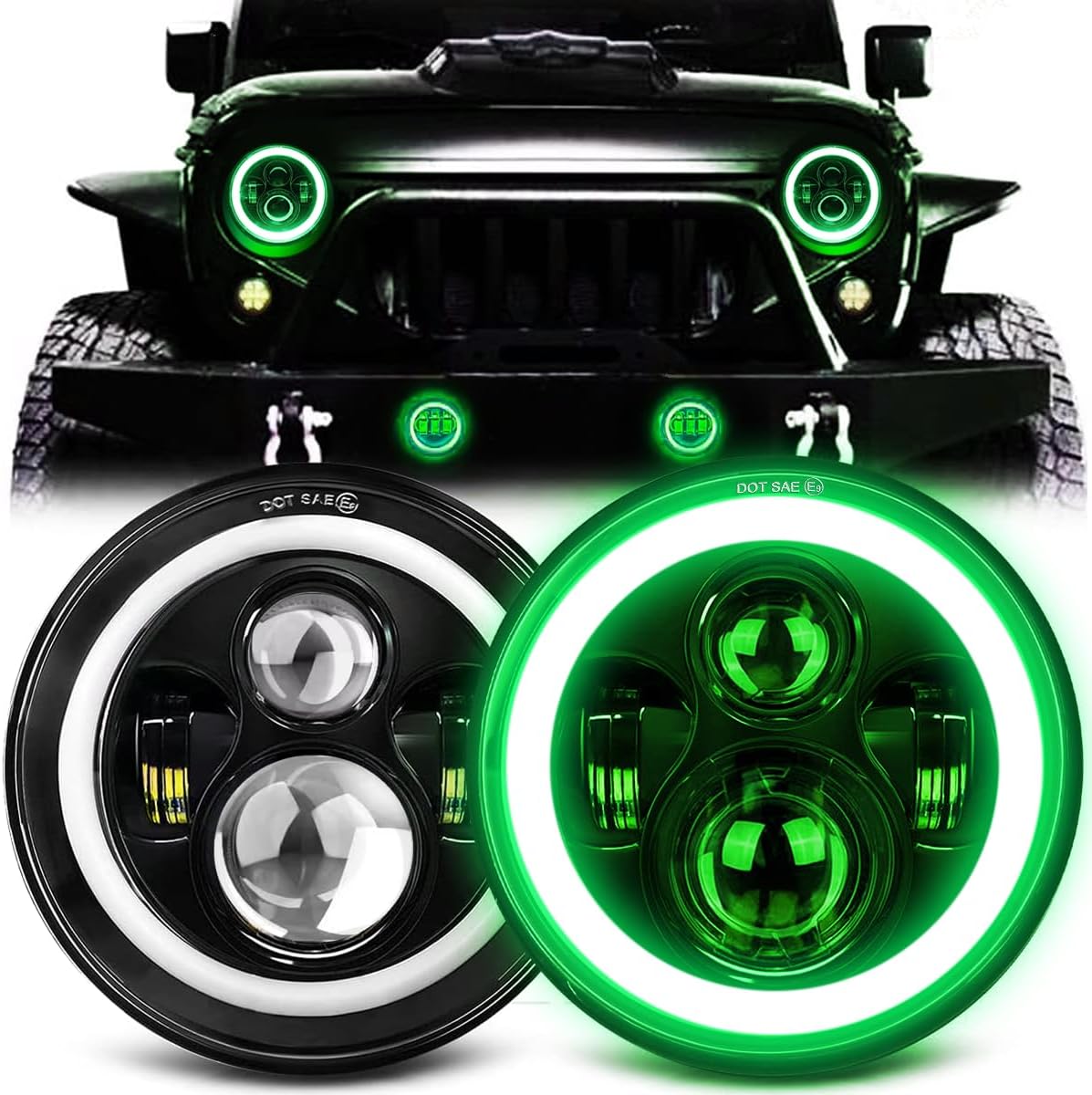 7 Inch Halo LED Headlight with Green DRL for Jeep Wrangler