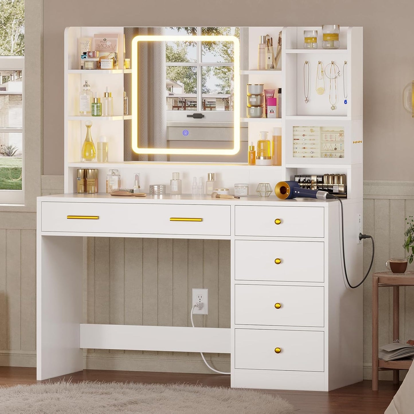 White Vanity Desk with Jewelry Box & Charging Station