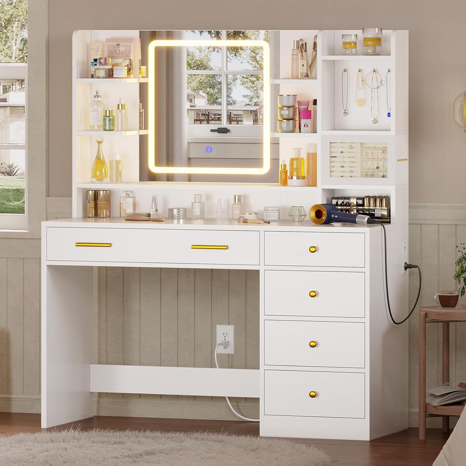 White Vanity Desk with Jewelry Box & Charging Station