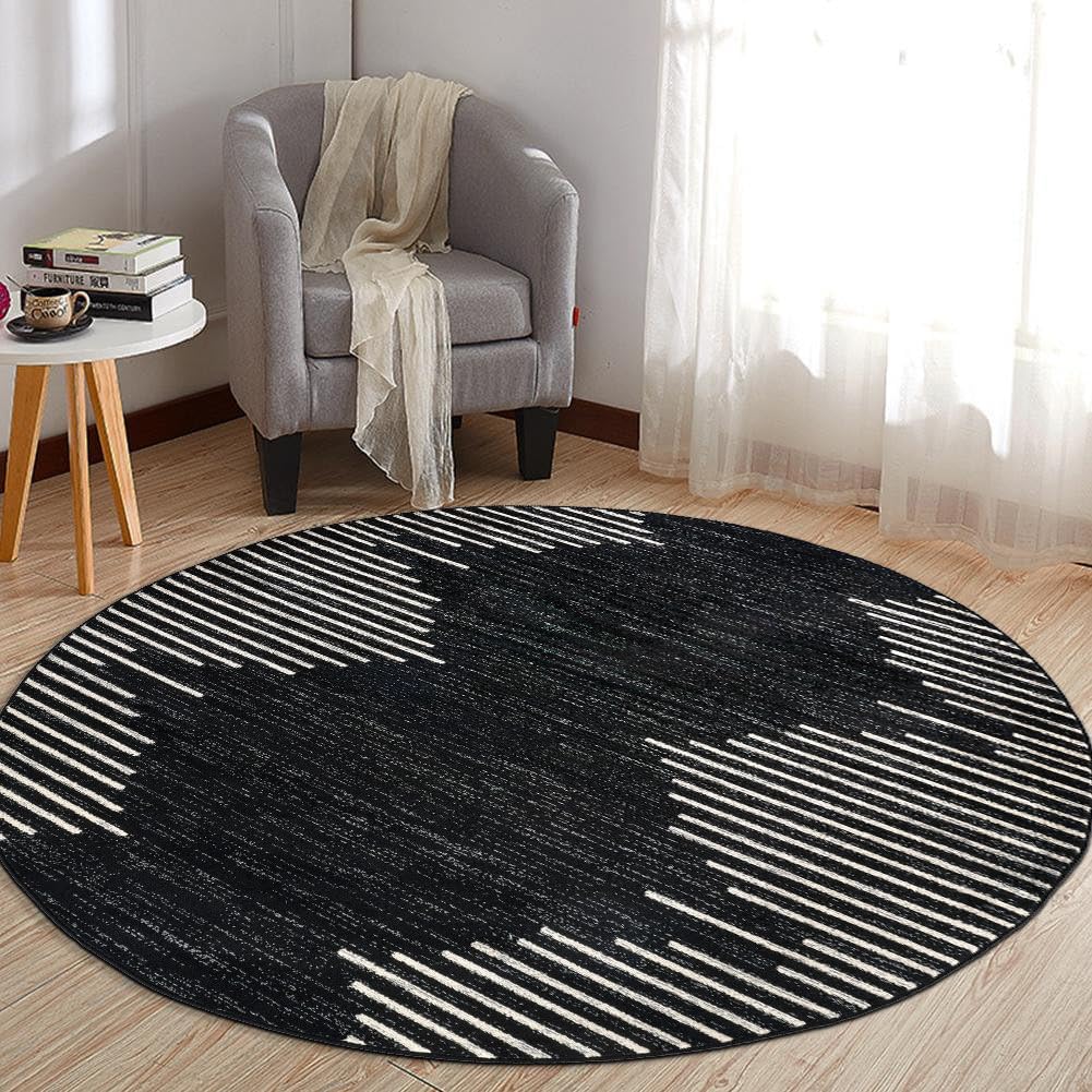 Bohemian Stripe Round Area Rug for High Traffic Spaces 6ft Black