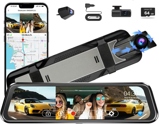 Aprilboy 3 Channel Mirror Dash Camera: 10in Triple View Safety
