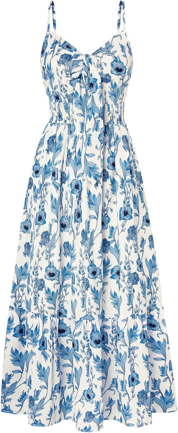 Summer Maxi Dress Floral Tie Front Spaghetti Strap Casual Style