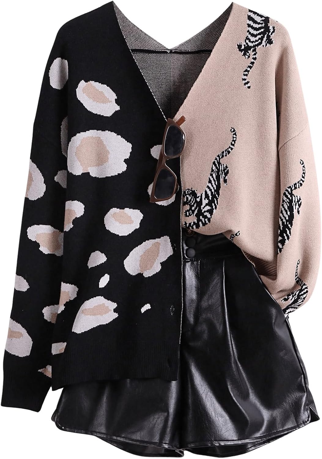 Leopard Tiger Print Cardigan V Neck Long Sleeve Sweater Outwear
