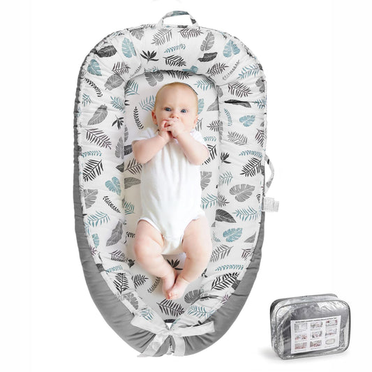 Portable Co-Sleeping Baby Lounger - 100% Cotton, Grey Leaves