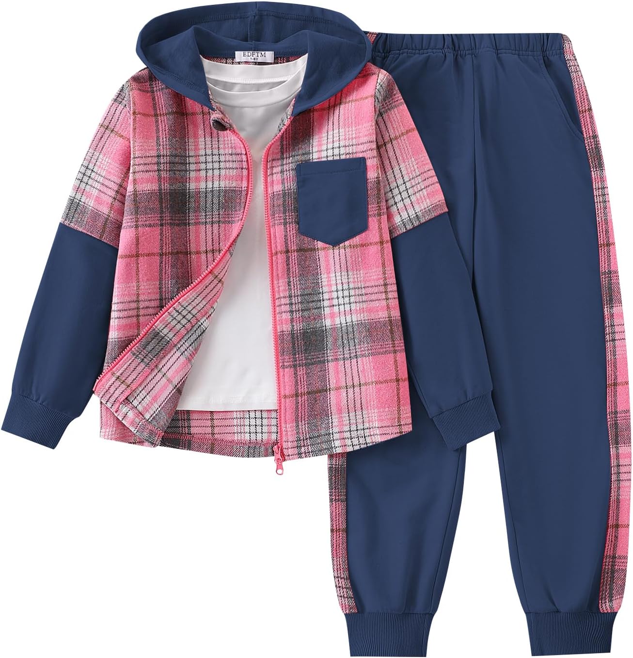 2Pcs Girls Clothes Zip Up Plaid Flannel Hoodie and Joggers
