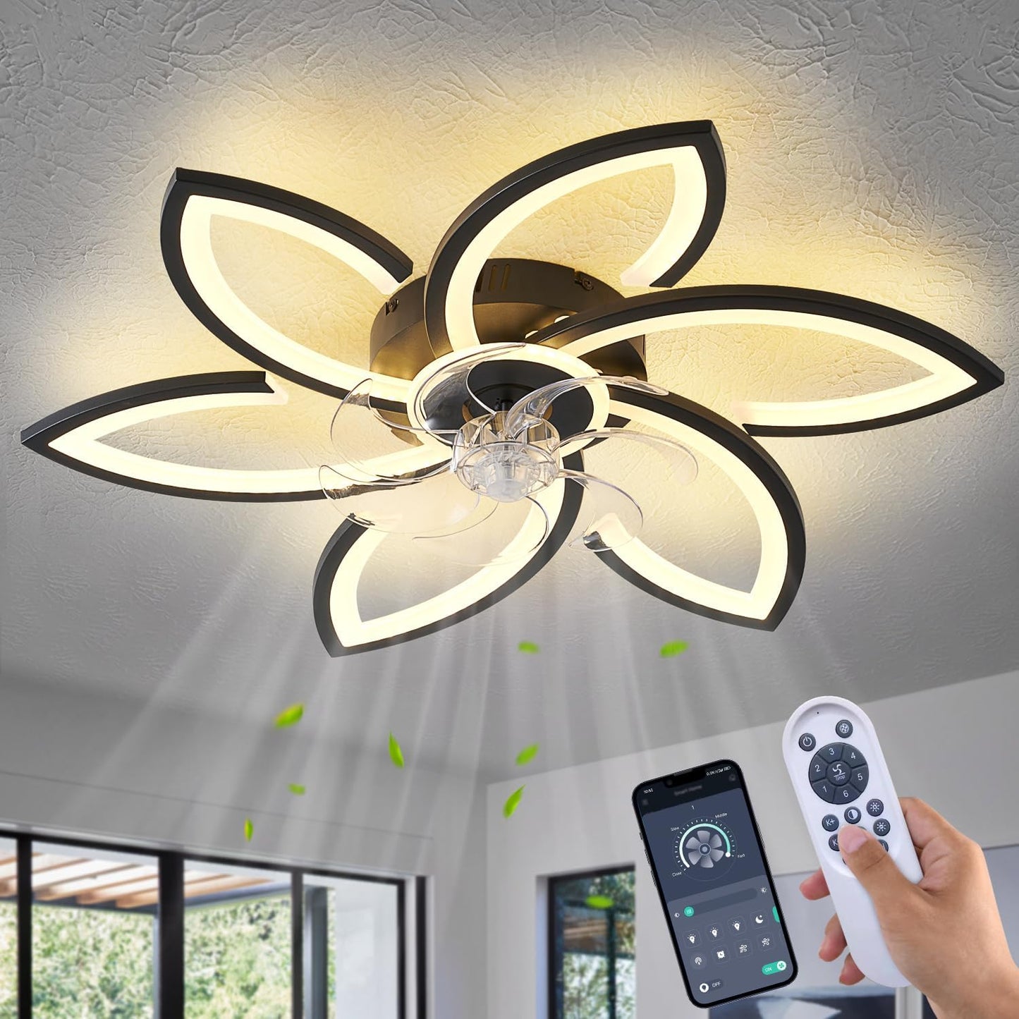 Modern Black Flower Ceiling Fan with Lights and Remote Control