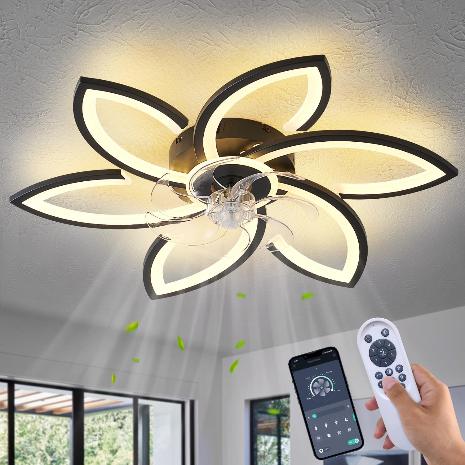 Modern Black Flower Ceiling Fan with Lights and Remote Control