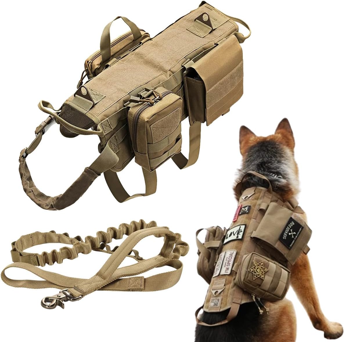 Tactical Dog Vest Harness with MOLLE Bags and Bungee Leash
