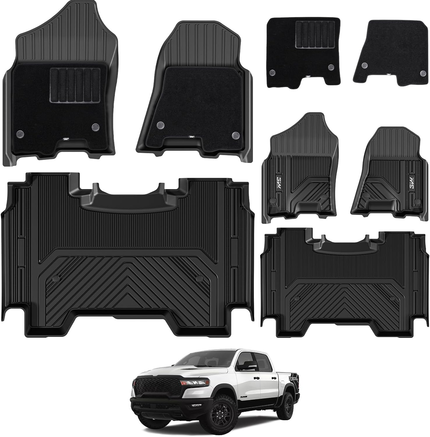 3W Dodge Ram 1500 Floor Mats for 2019-2024 Crew Cab Models