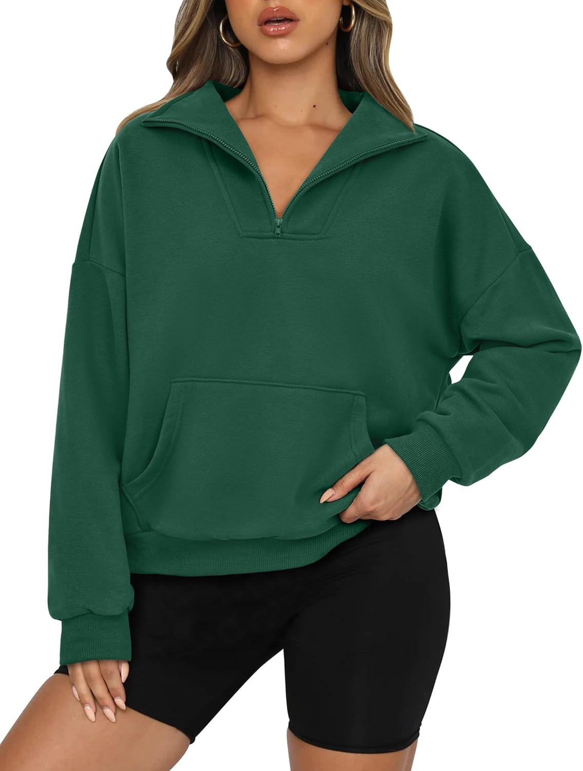 PRETTYGARDEN Womens Quarter Zip Long Sleeve Cropped Sweatshirt