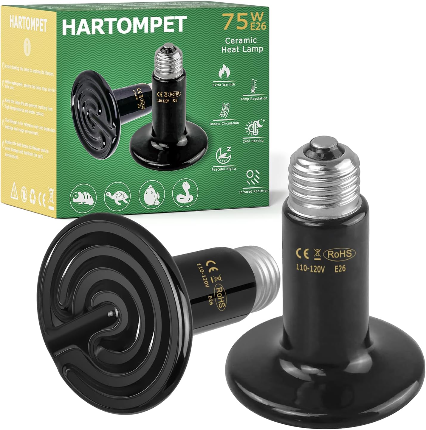 HARTOMPET 75W Ceramic Heat Emitter - No Light Heat Lamp for Pets - Ideal for Reptiles & More