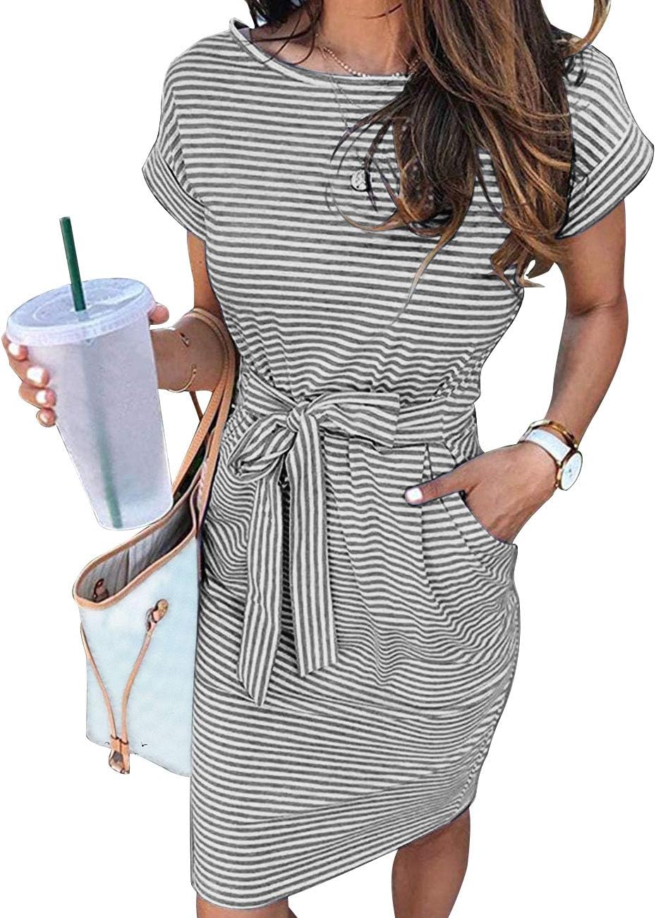 MEROKEETY Women's Summer Striped T Shirt Dress with Pockets