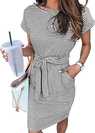 MEROKEETY Women's Summer Striped T Shirt Dress with Pockets