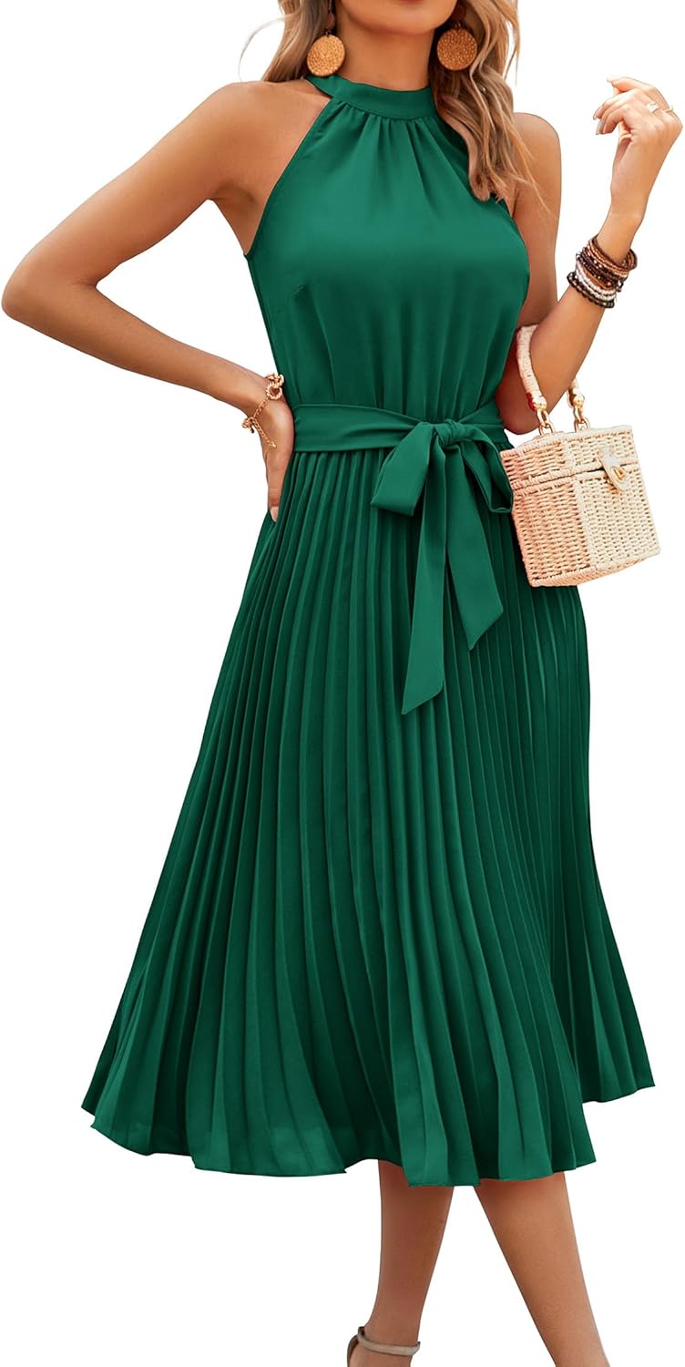 KIRUNDO Women's Halter Neck Pleated Midi Cocktail Dress Review