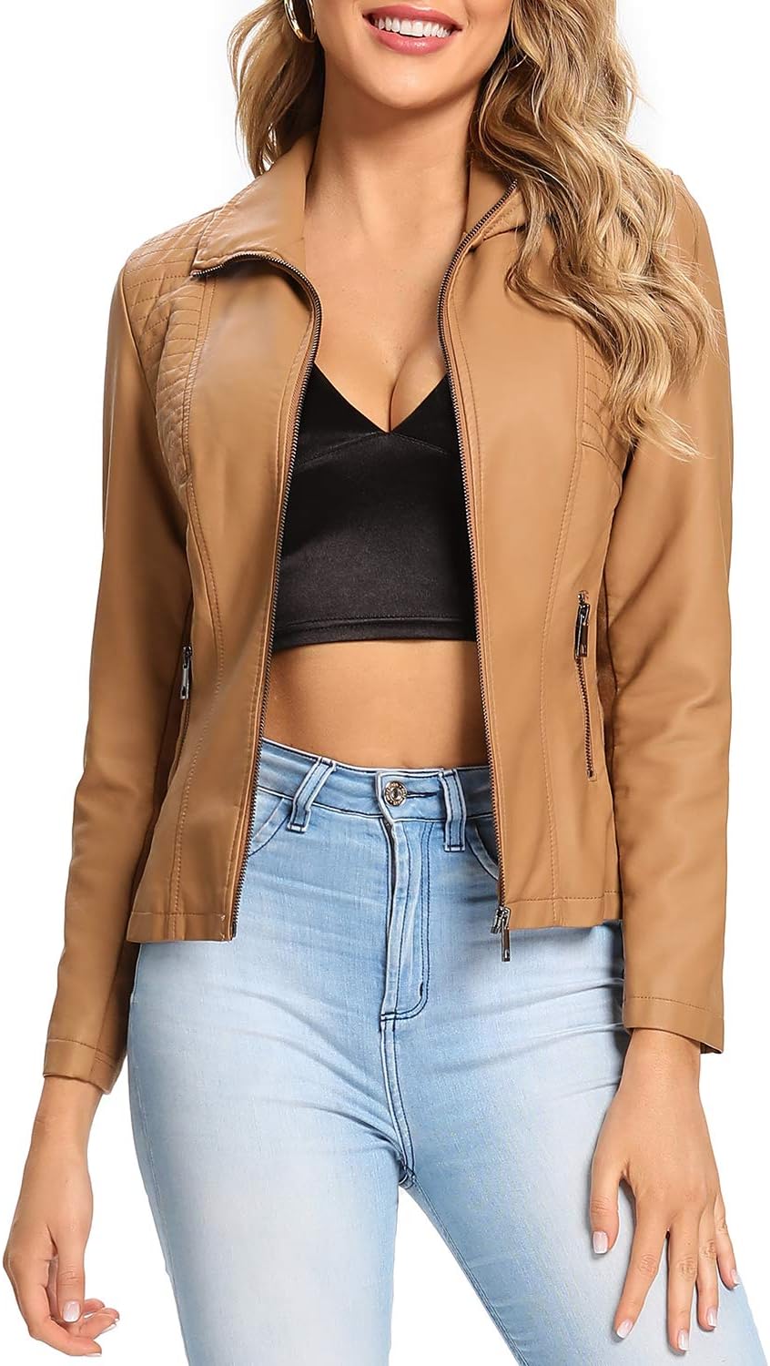 Stylish Plus Size Brown Faux Leather Jacket for Women