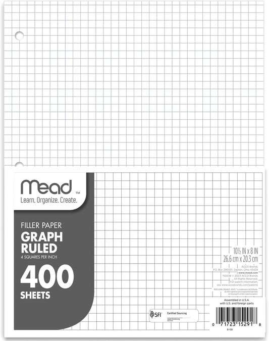 Mead Graph Ruled Loose Leaf Paper, 3 Hole Punched, 400 Sheets/Pack