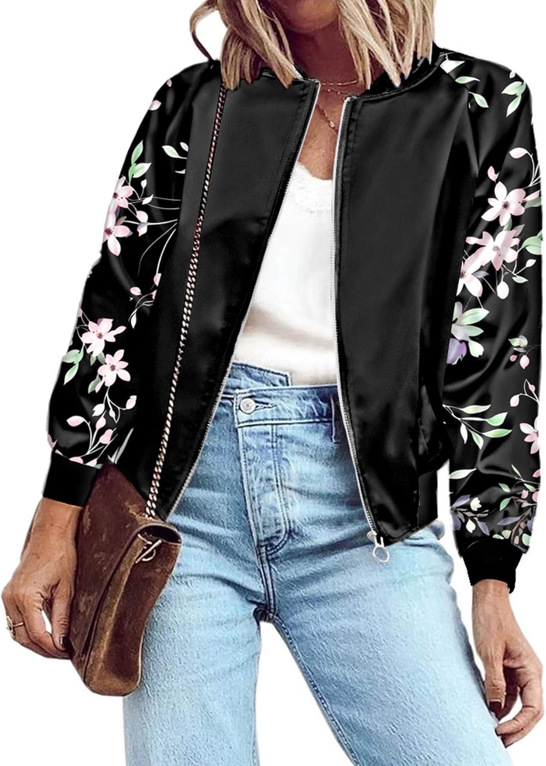 Lightweight Zip Up Bomber Jacket for Women with Pockets