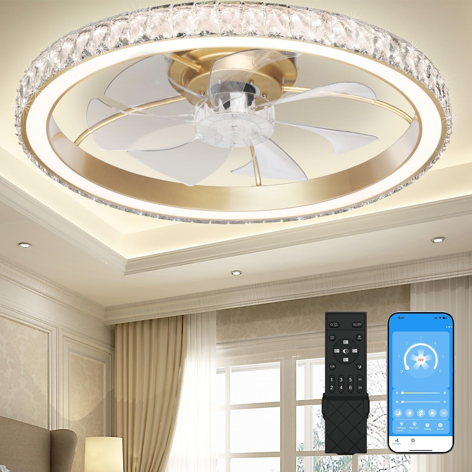 Aipsun Low Profile Modern Crystal Chandelier Ceiling Fan Light