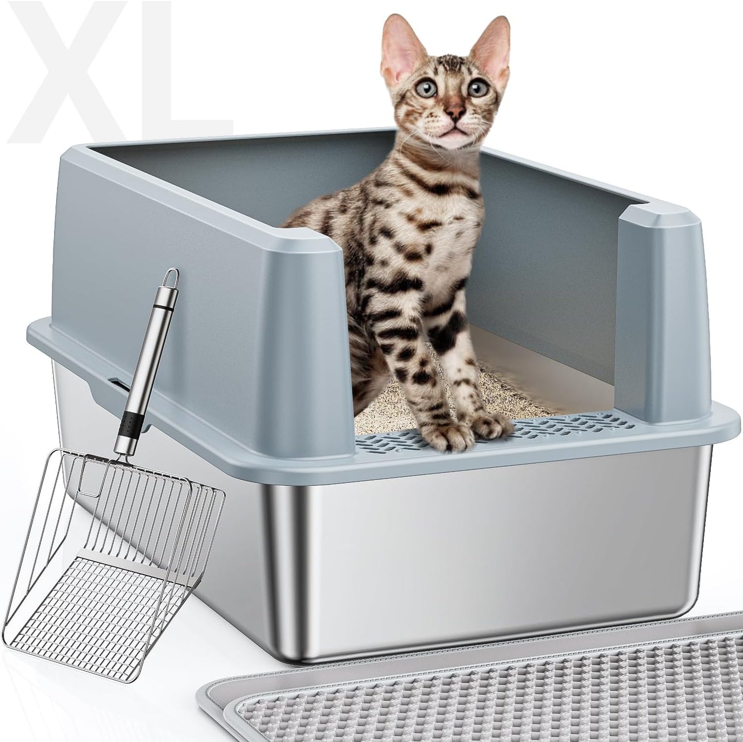 XL Stainless Steel Litter Box for Large Cats with Lid & Scoop Kit