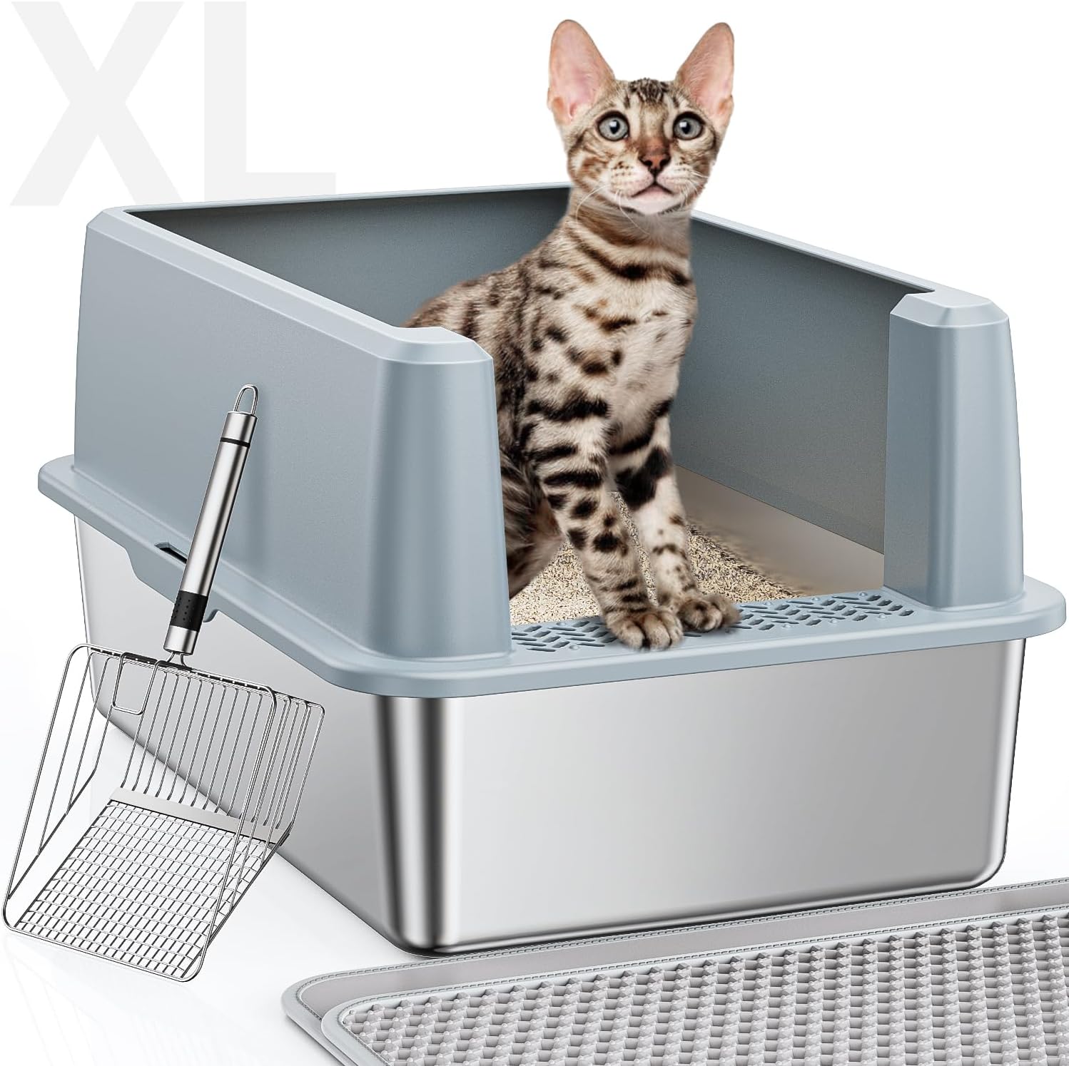 XL Stainless Steel Litter Box for Large Cats with Lid & Scoop Kit