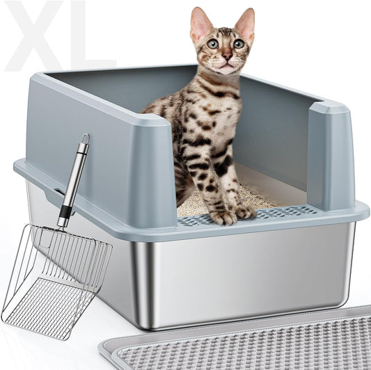 XL Stainless Steel Litter Box for Large Cats with Lid & Scoop Kit