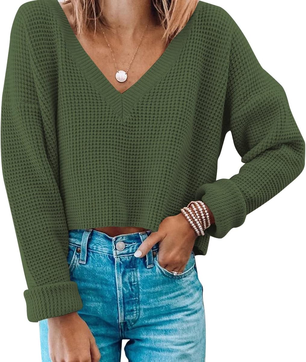 Waffle Knit Cropped Sweater for Women - Stylish V Neck Design