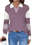 Women's V Neck Long Sleeve Color Block Sweater - Soft Knit Pullover