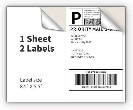 200 White Shipping Labels: KKBESTPACK Laser/Inkjet 2 Per Page 8.5x5.5