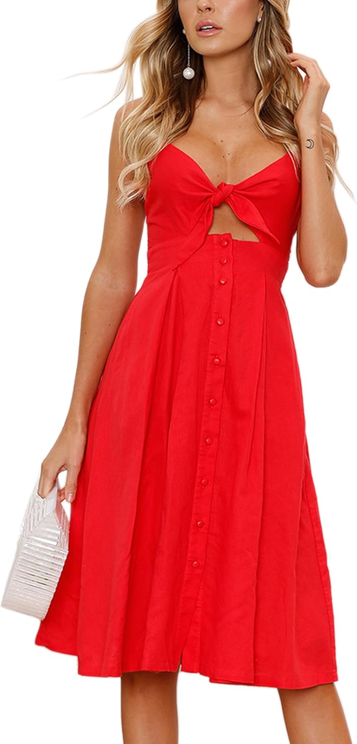 ECOWISH Women Summer Dresses V-Neck Tie Front A-Line Midi Dress