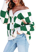Plaid V Neck Button Down Oversized Cable Knit Cardigan - Cozy Layer