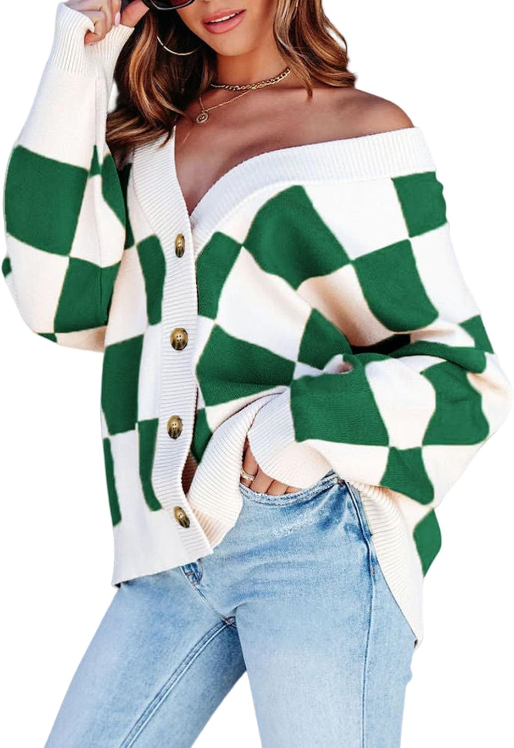 Stylish Oversized Plaid V Neck Cardigan for Women by Dokotoo