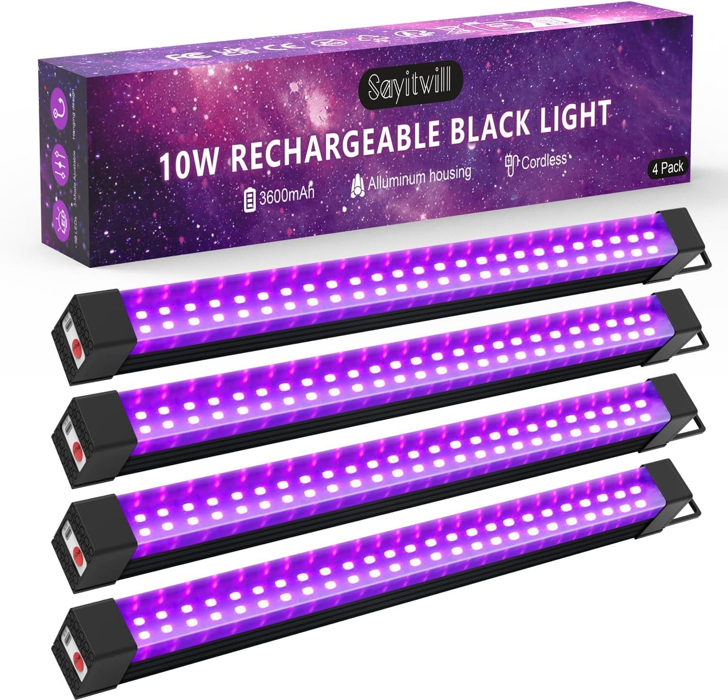 Rechargeable Black Light Bar 4 Packs for Glow Party Fun