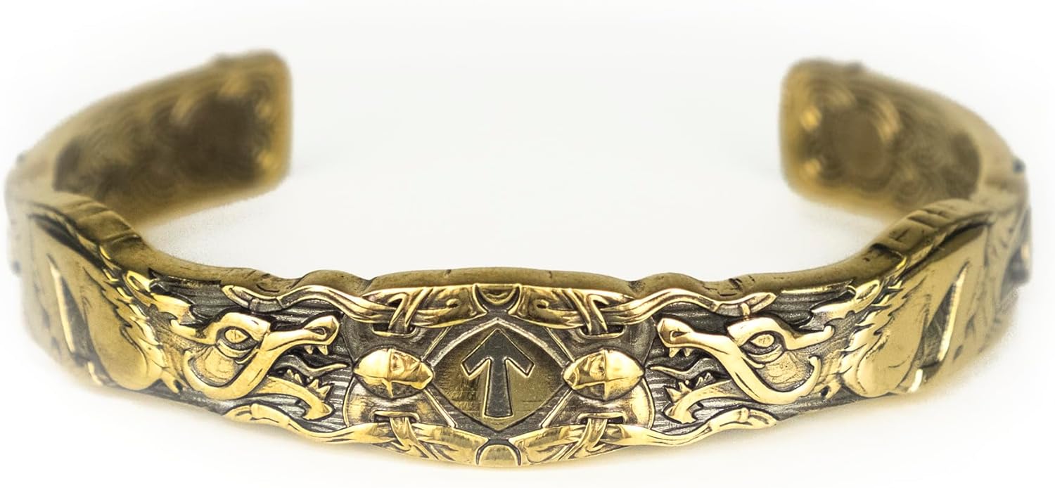 Cuff Bracelet Scandinavian Wolves - Handmade Solid Brass Bangle