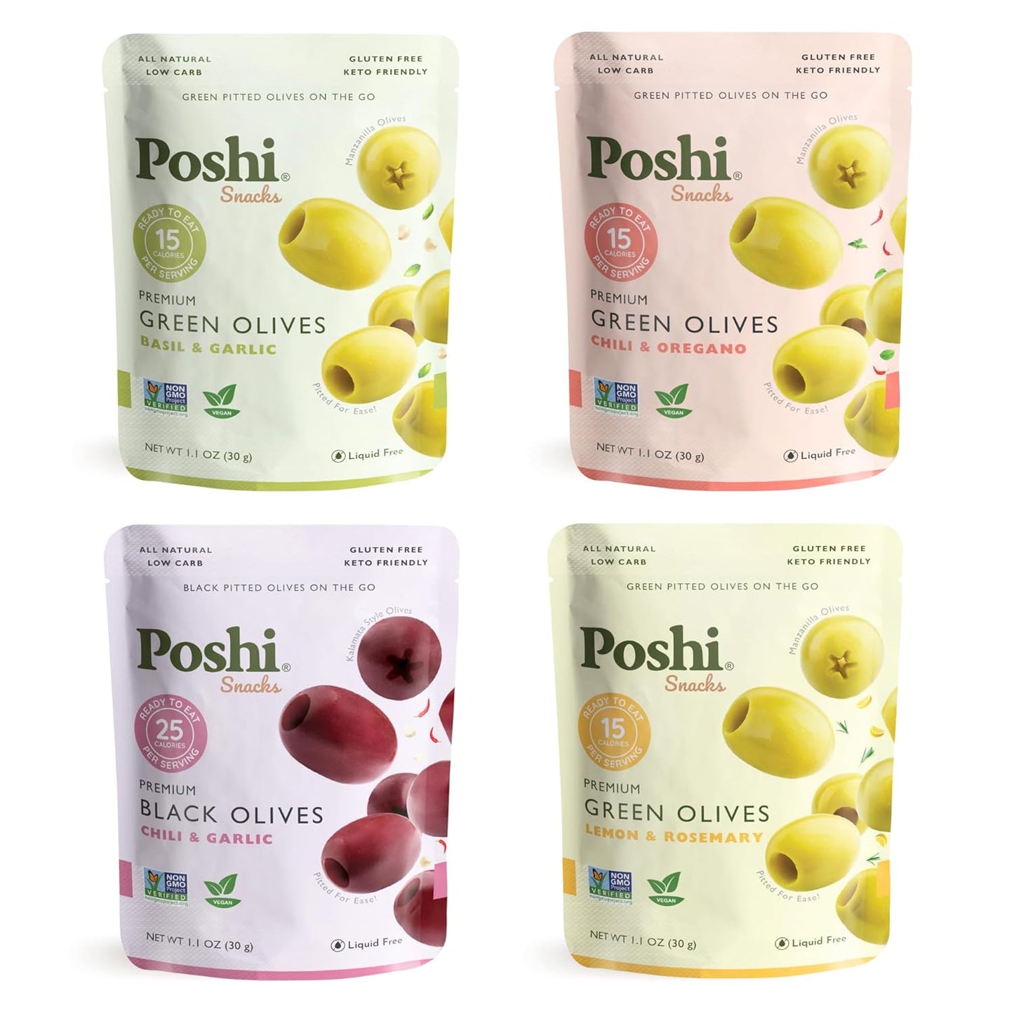 Poshi Natural Whole Pitted Olives Variety Pack for Healthy Snacking