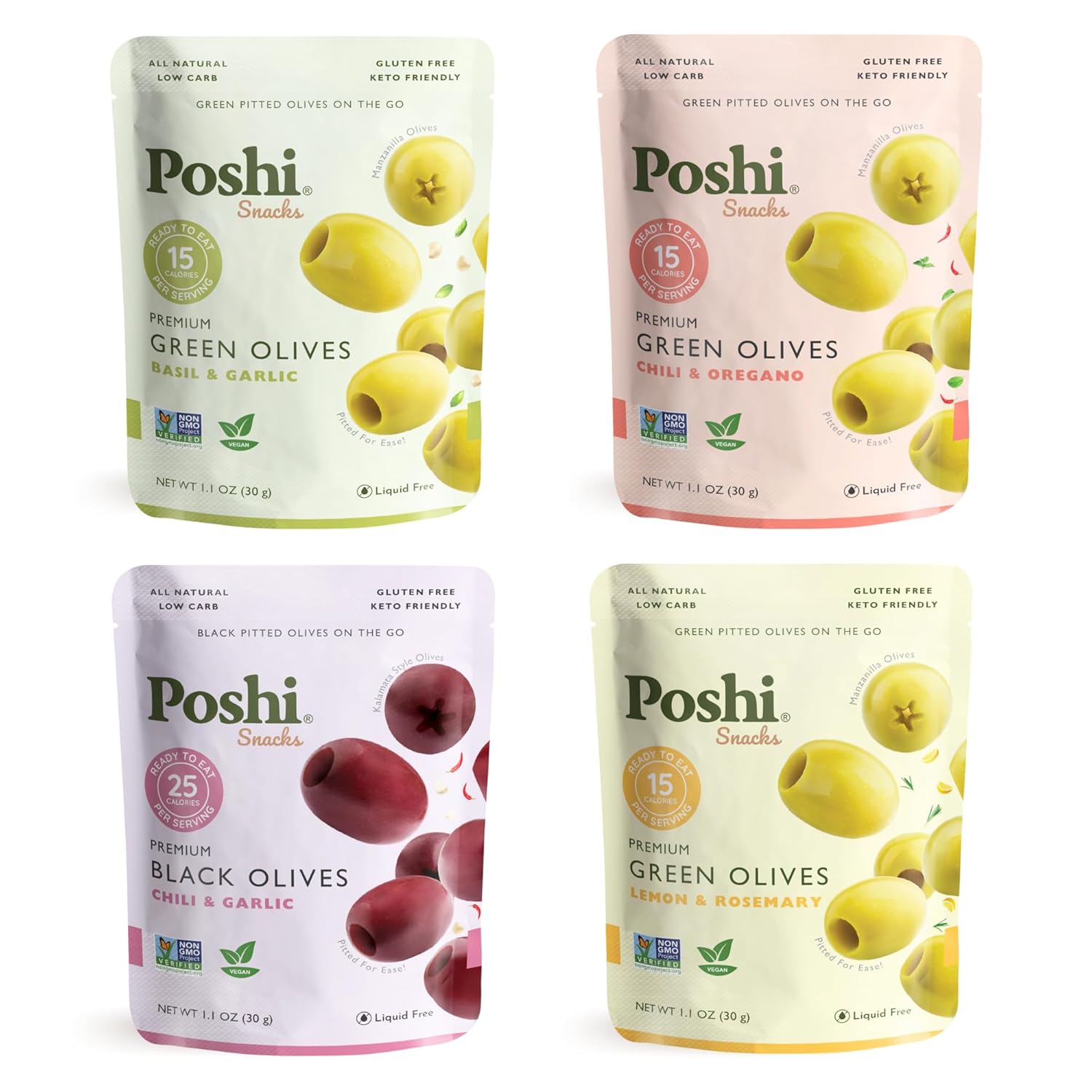 Poshi Natural Whole Pitted Olives Variety Pack for Healthy Snacking