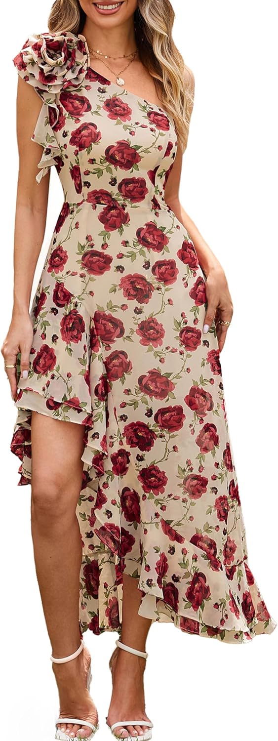 One Shoulder Floral Maxi Sundress for Summer Weddings and Parties