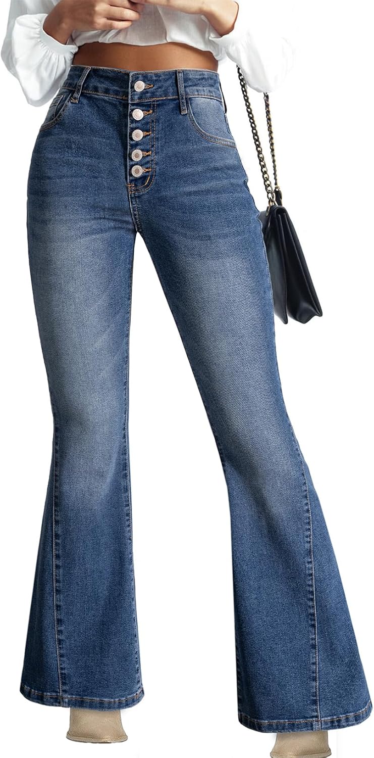 Trendy High Waisted Flare Jeans for Women by Sidefeel
